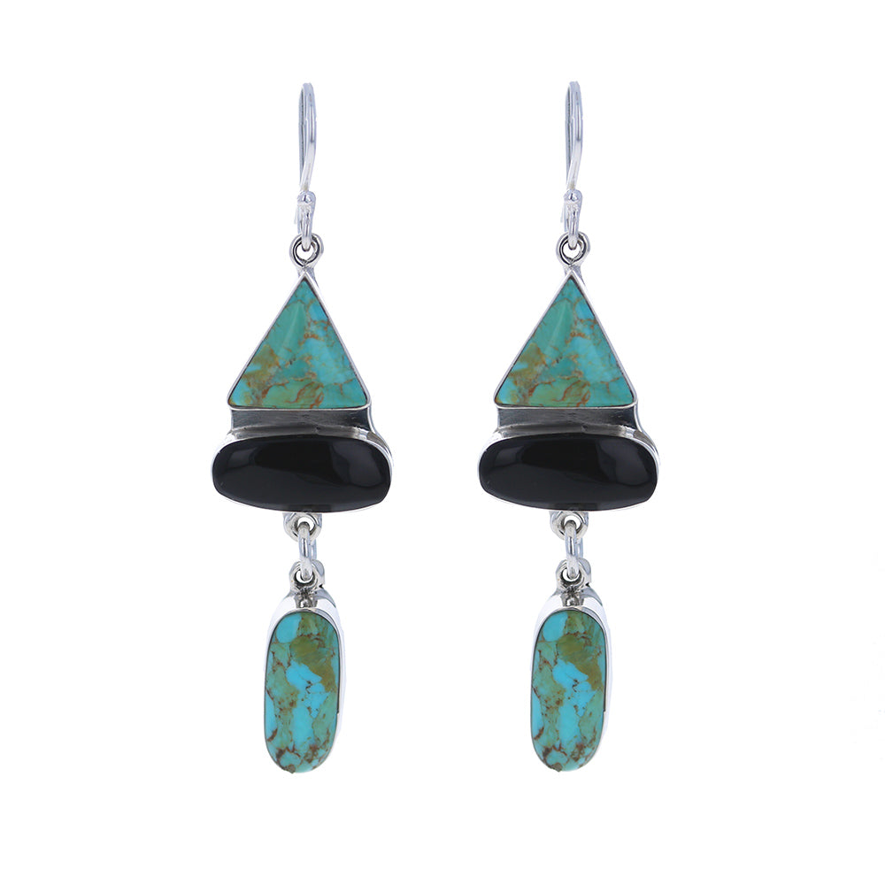 Sterling Silver Abstract Onyx and Turquoise Drops