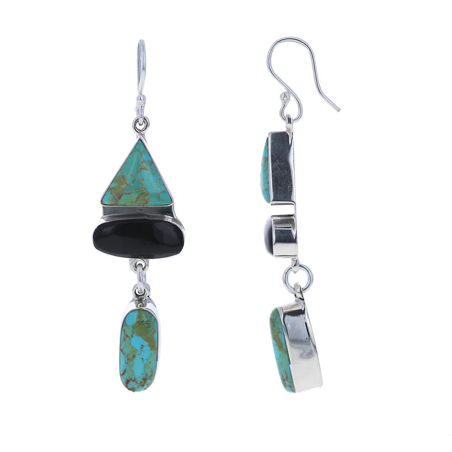 Sterling Silver Abstract Onyx and Turquoise Drops