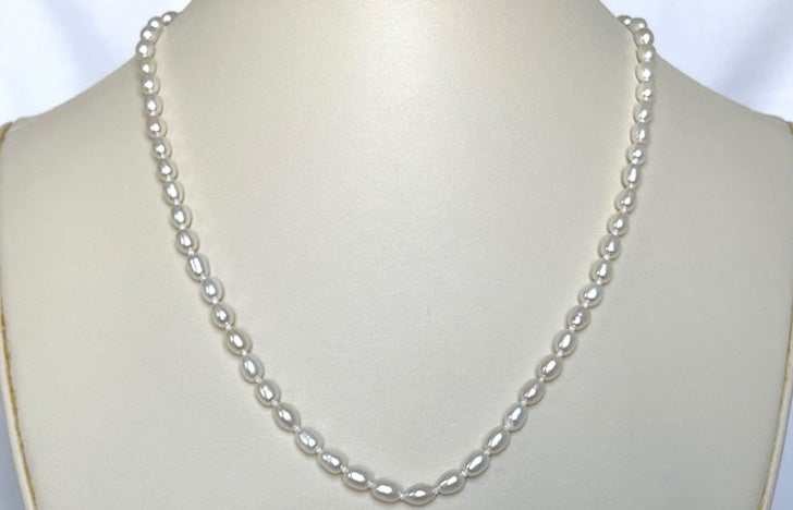 4mm White Rice Pearl and Sterling Silver Necklace 16"-18"
