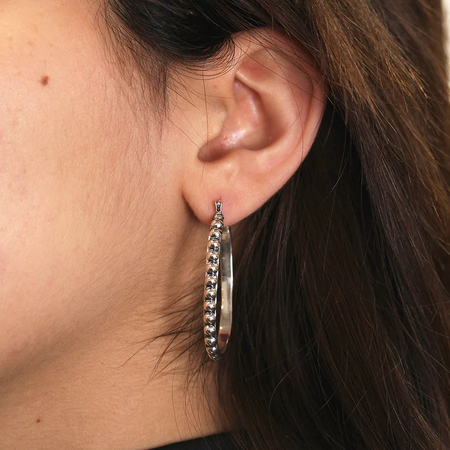 Sterling Silver Beaded Oval Hoop Earrings for Women