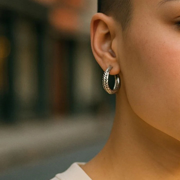 Sterling Silver Chunky Beaded Hoop Earrings