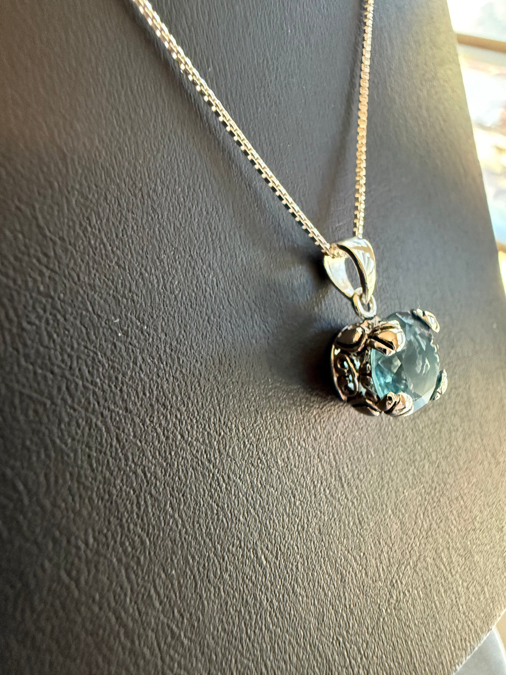 Blue Victorian Sterling Silver CZ Pendant on 18" Sterling Silver 1mm Box Chain Necklace