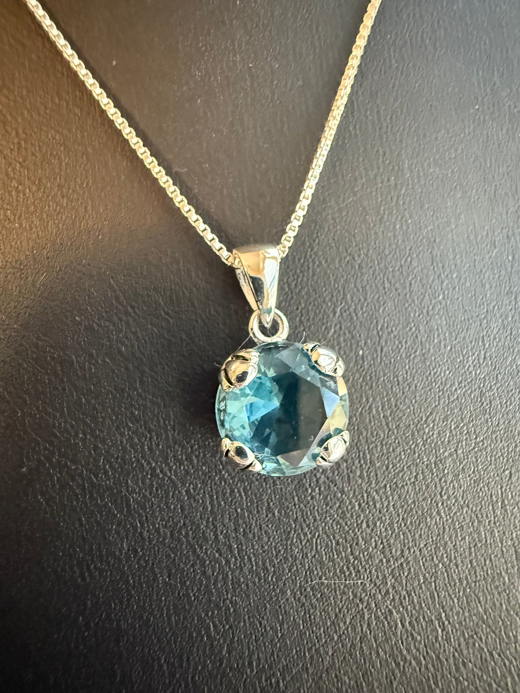 Blue Victorian Sterling Silver CZ Pendant on 18" Sterling Silver 1mm Box Chain Necklace