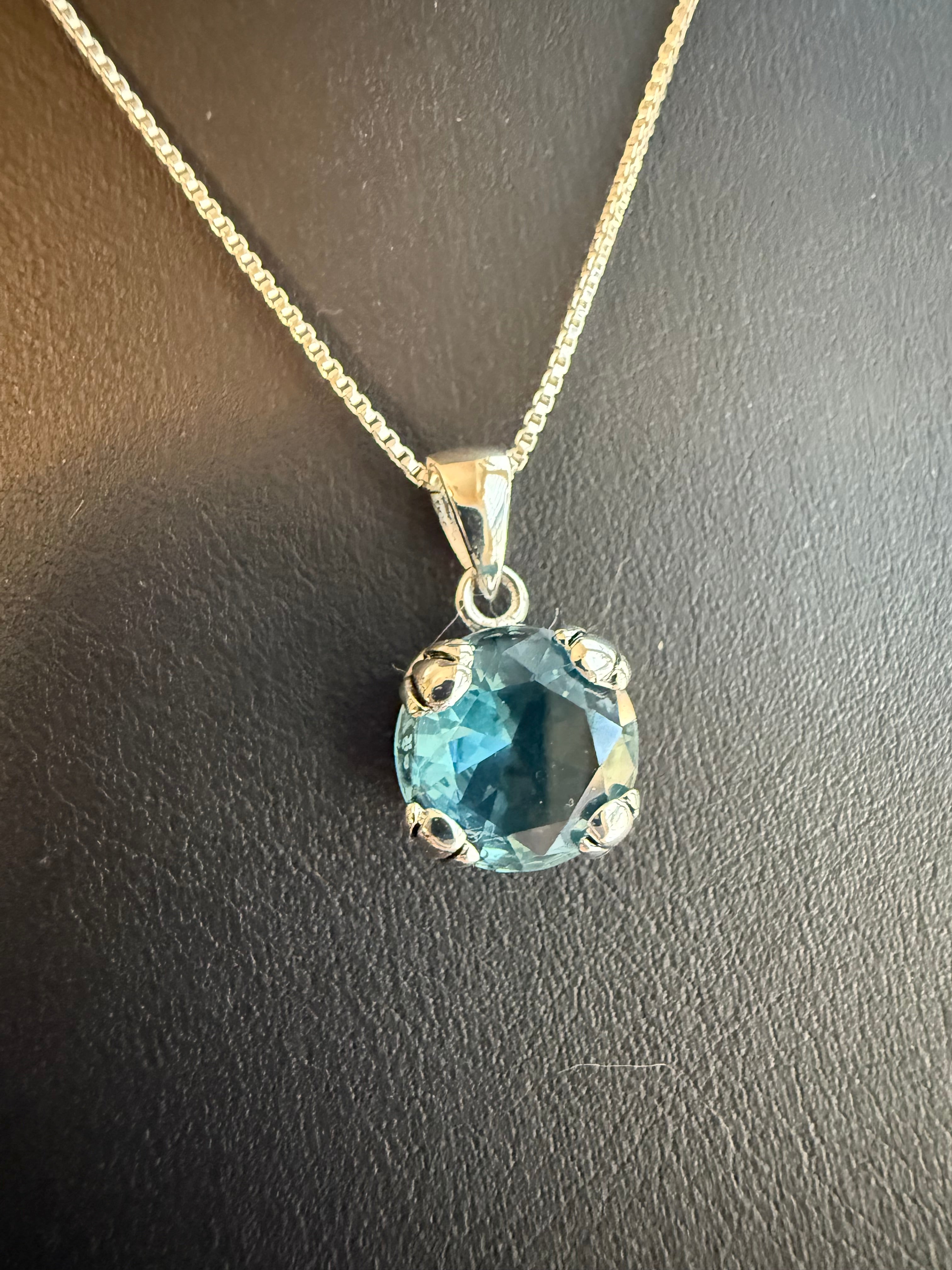 Blue Victorian Sterling Silver CZ Pendant on 18" Sterling Silver 1mm Box Chain Necklace