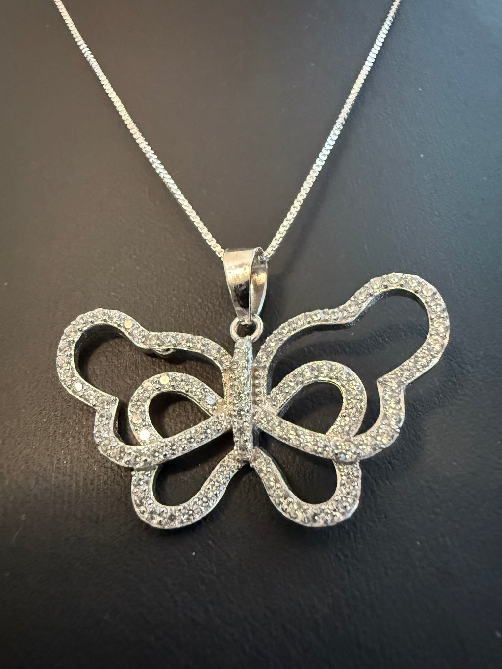 1.5" Sterling Silver CZ Butterfly Pendant on 18" Sterling Silver 1mm Box Chain
