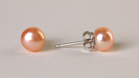 Cultured Freshwater Peach Button Pearl and Sterling Silver Earrings
