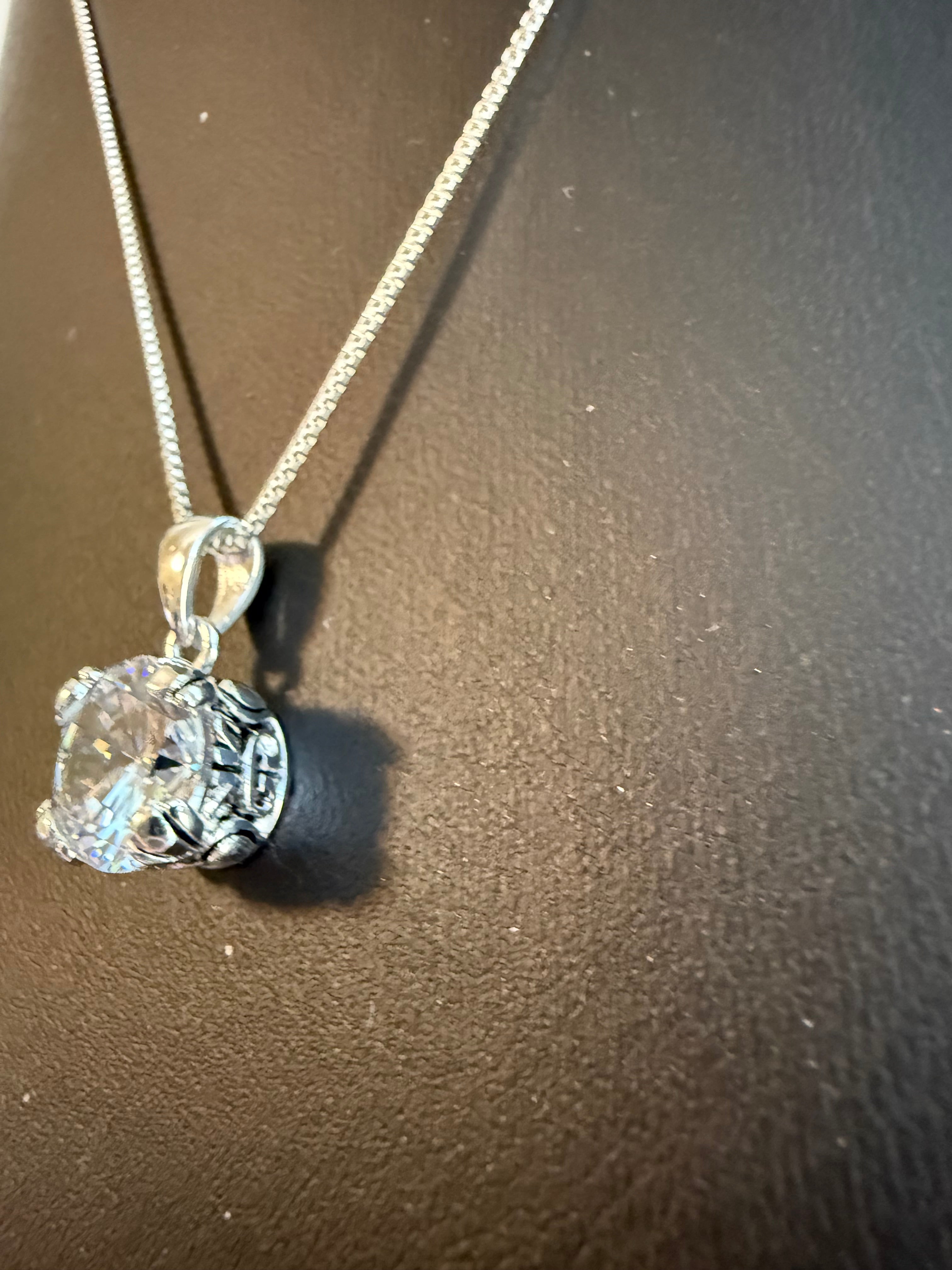 Victorian Sterling Silver CZ Pendant on 18" Sterling Silver 1mm Box Chain Necklace