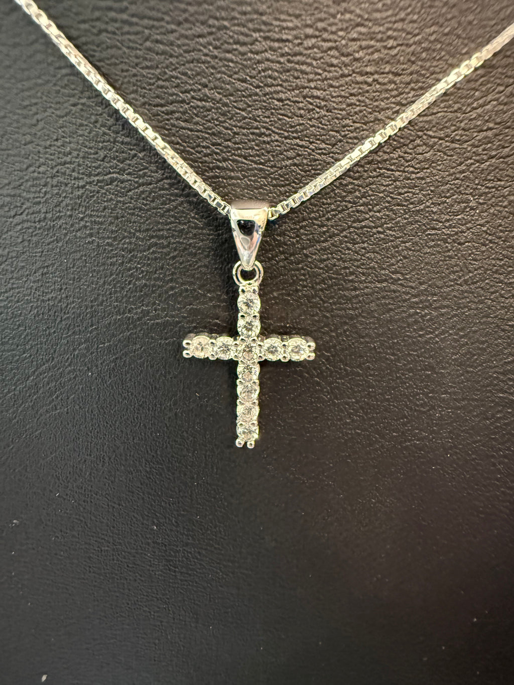 Small CZ Cross on a 16" or 18" 1mm Sterling Silver Box Chain with Spring Ring Clasp