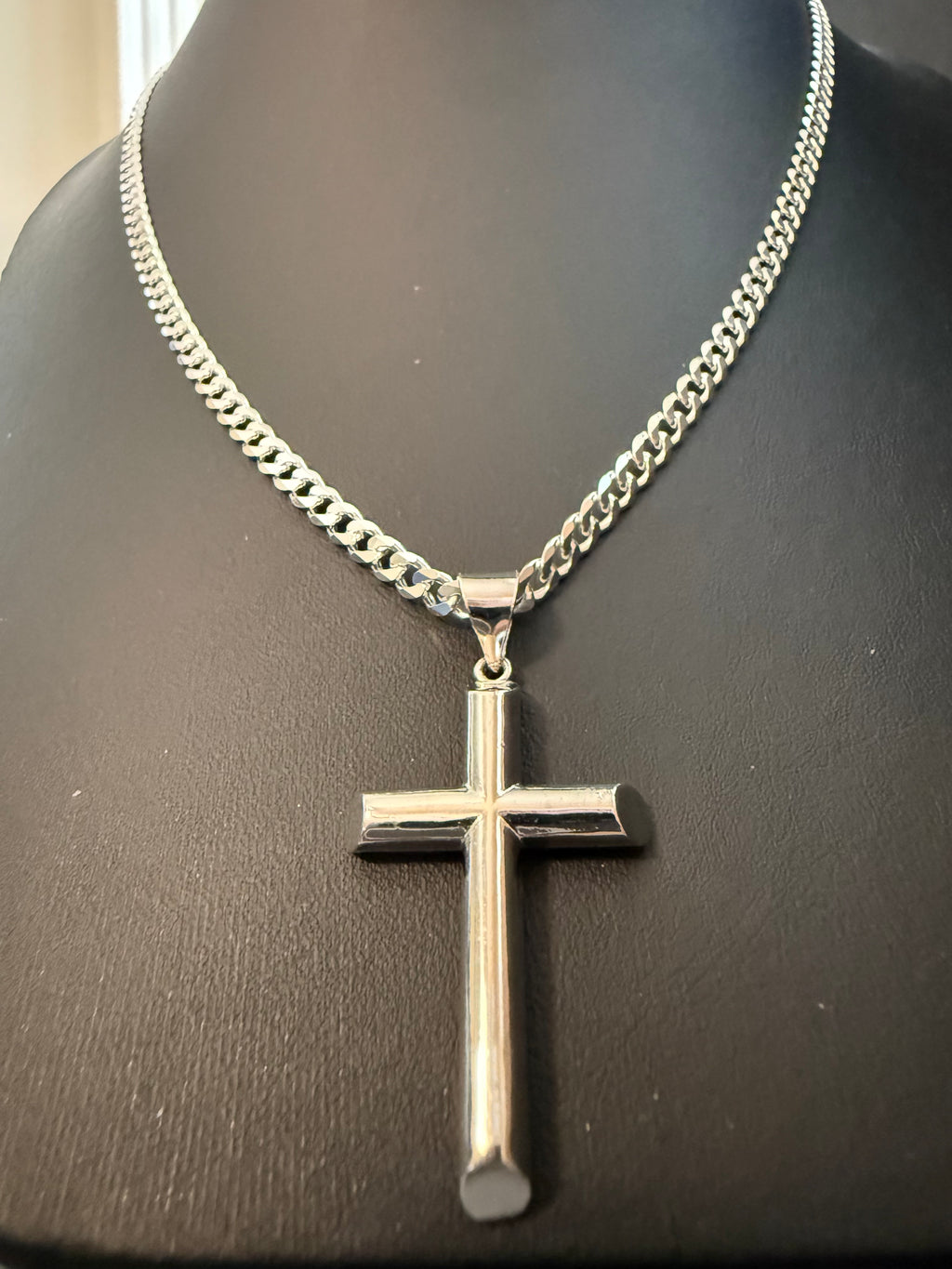 Sterling Silver 1.5" Cross Pendant on 22" Sterling Silver Curb Chain for Men