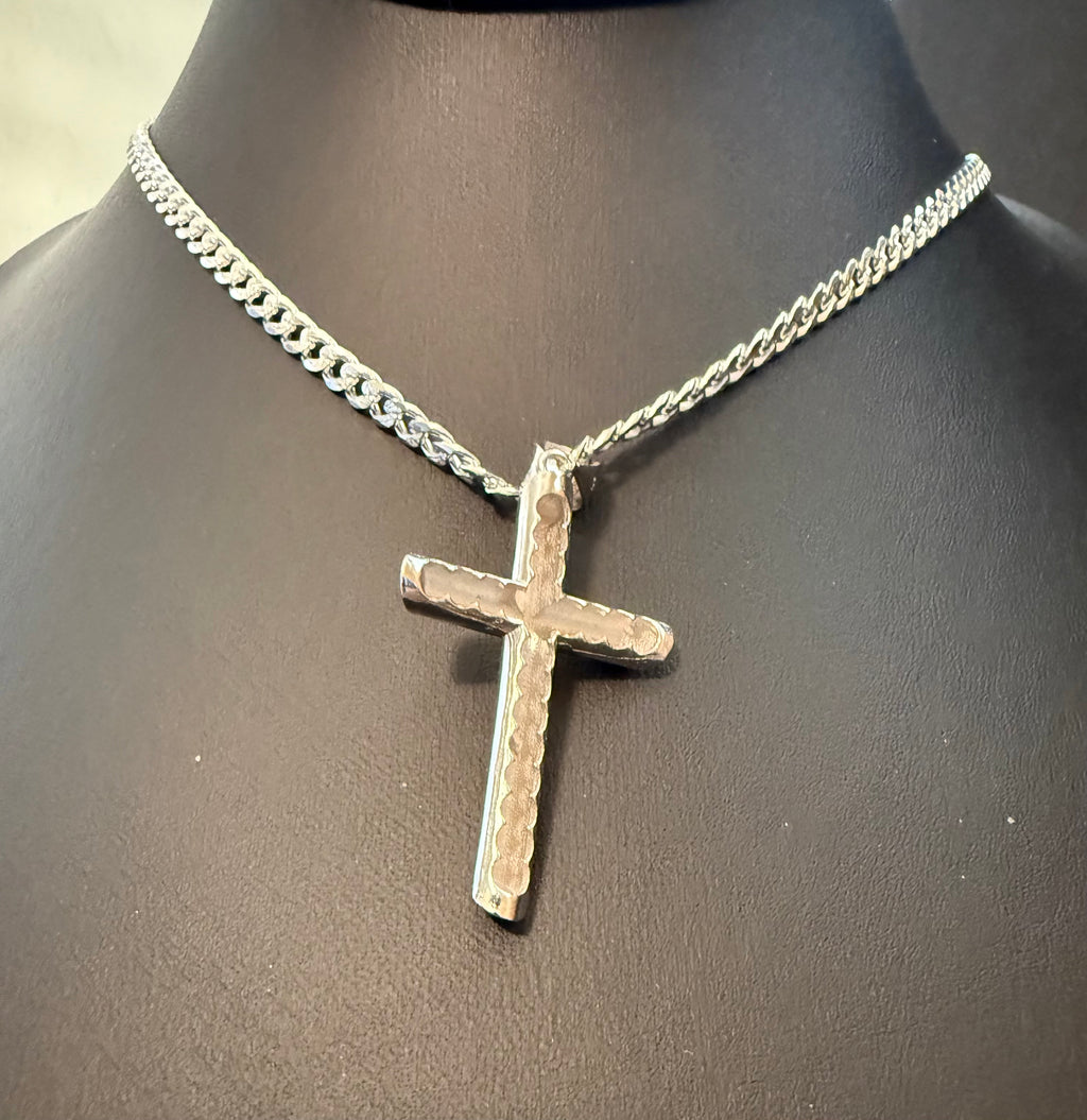 Sterling Silver 1.5" Cross Pendant on 22" Sterling Silver Curb Chain for Men