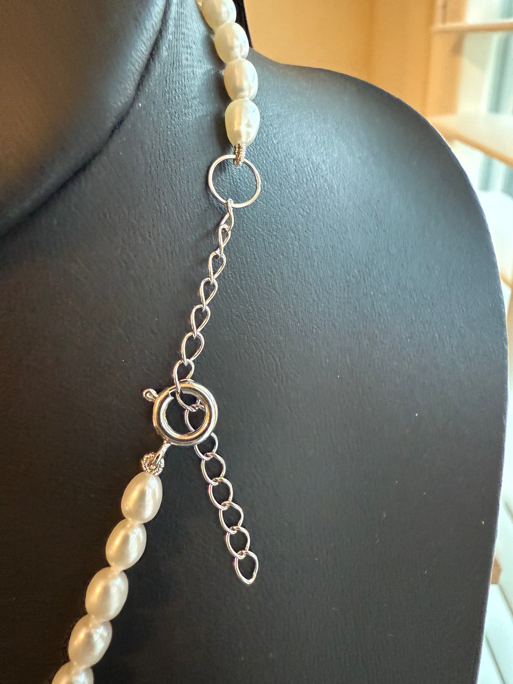 4mm White Rice Pearl Necklace with 2.5" Floral Glass Pointed Oval Pendant