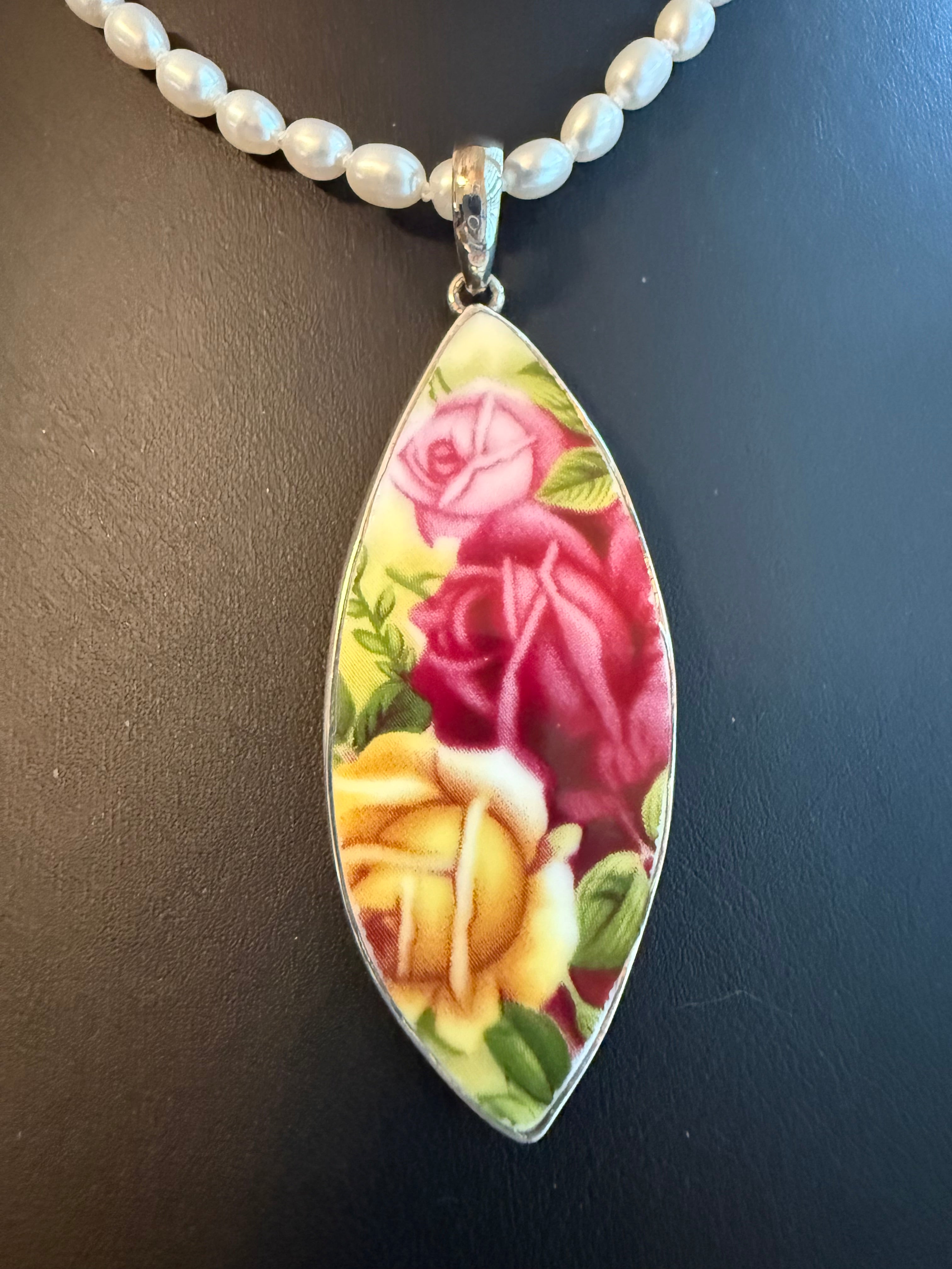 4mm White Rice Pearl Necklace with 2.5" Floral Glass Pointed Oval Pendant