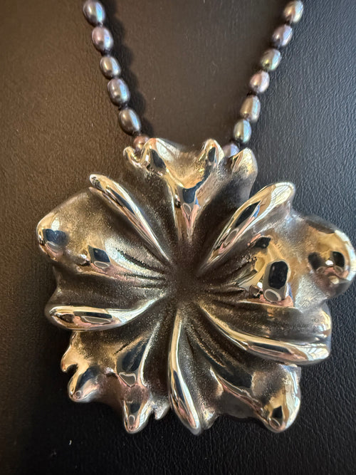 .925 Sterling Silver 1.5" Flower Pendant on 16" Peacock Rice Pearl Necklace