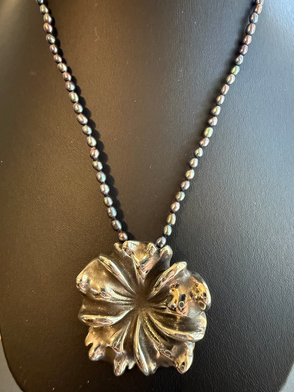 .925 Sterling Silver 1.5" Flower Pendant on 16" Peacock Rice Pearl Necklace