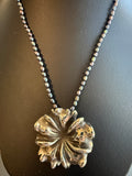 .925 Sterling Silver 1.5" Flower Pendant on 16" Peacock Rice Pearl Necklace