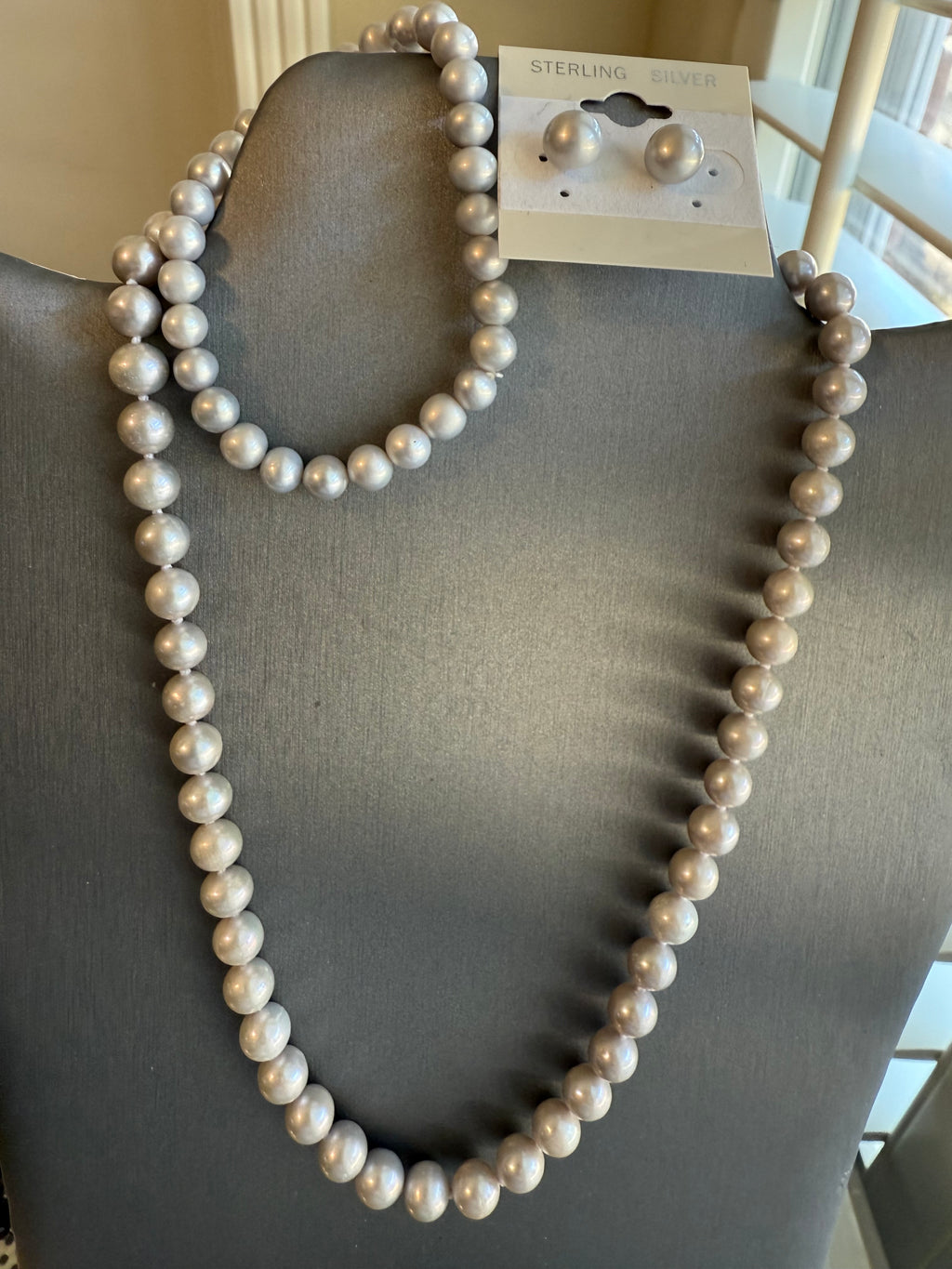 16" Freshwater Gray Pearl Necklace, 7.5" Stretch Bracelet, and Button Pearl Earrings Set