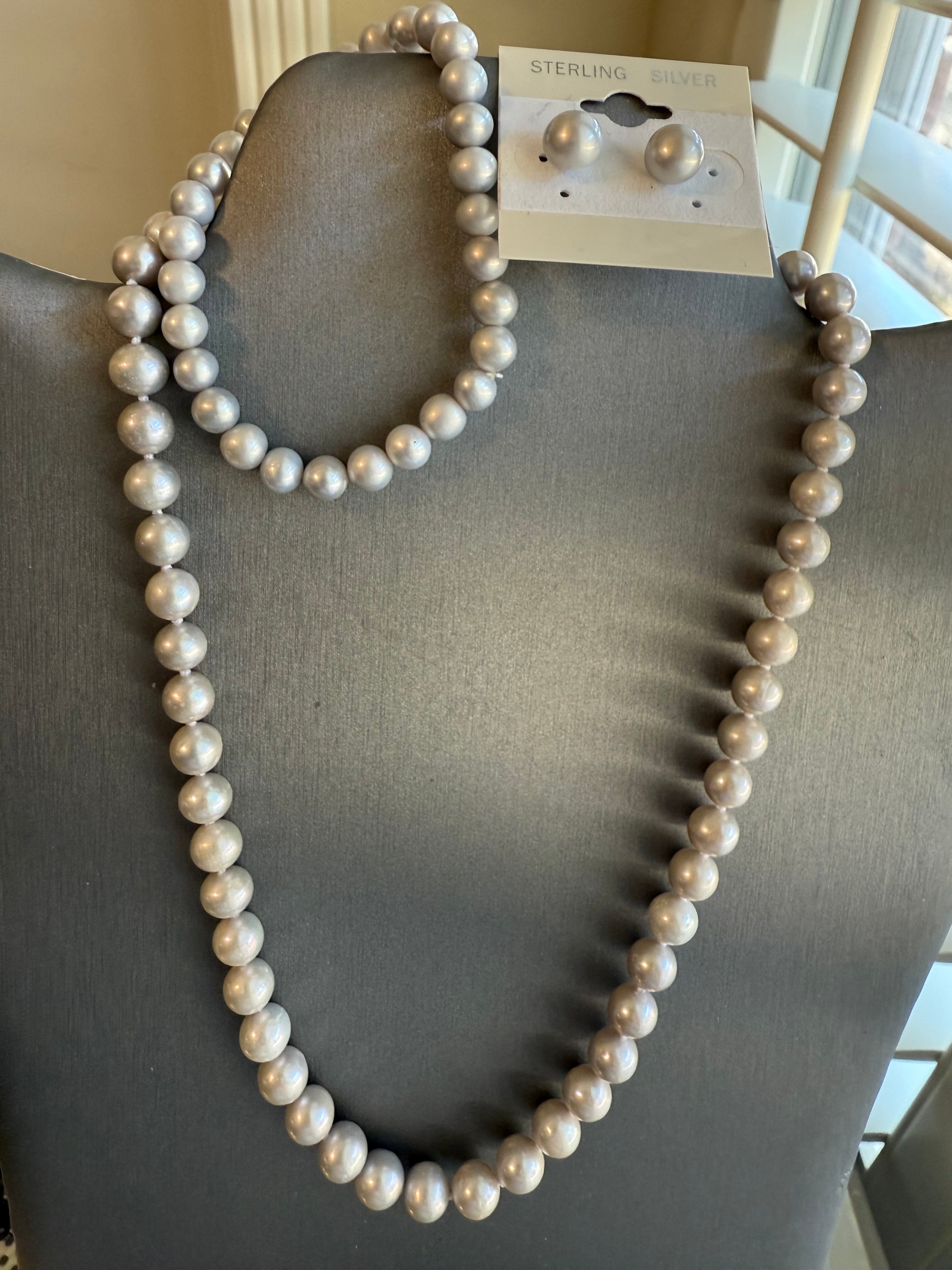 16" Freshwater Gray Pearl Necklace, 7.5" Stretch Bracelet, and Button Pearl Earrings Set