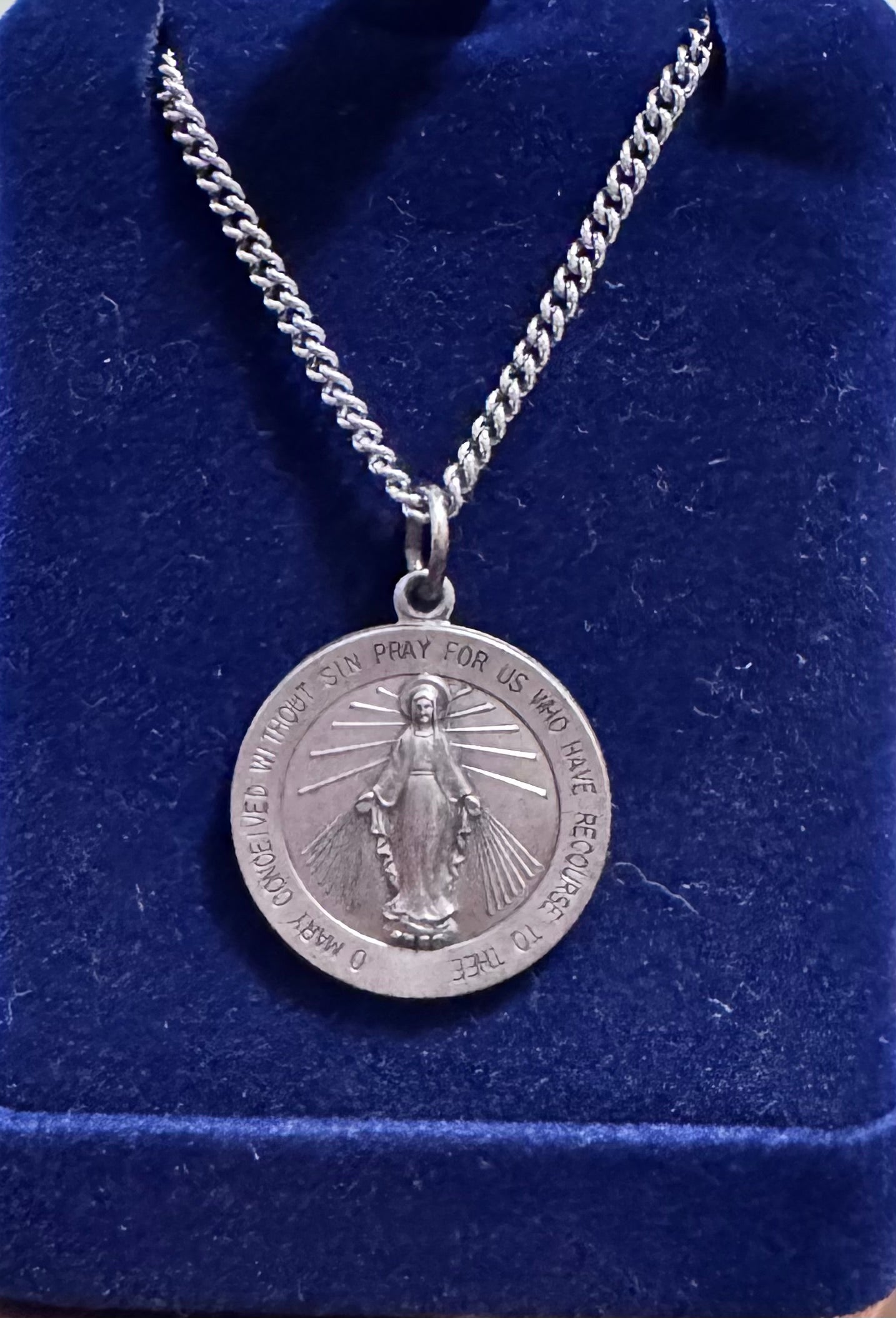1-inch Sterling Silver Miraculous Medal on a 24-inch Sterling Silver Small Cube Chain