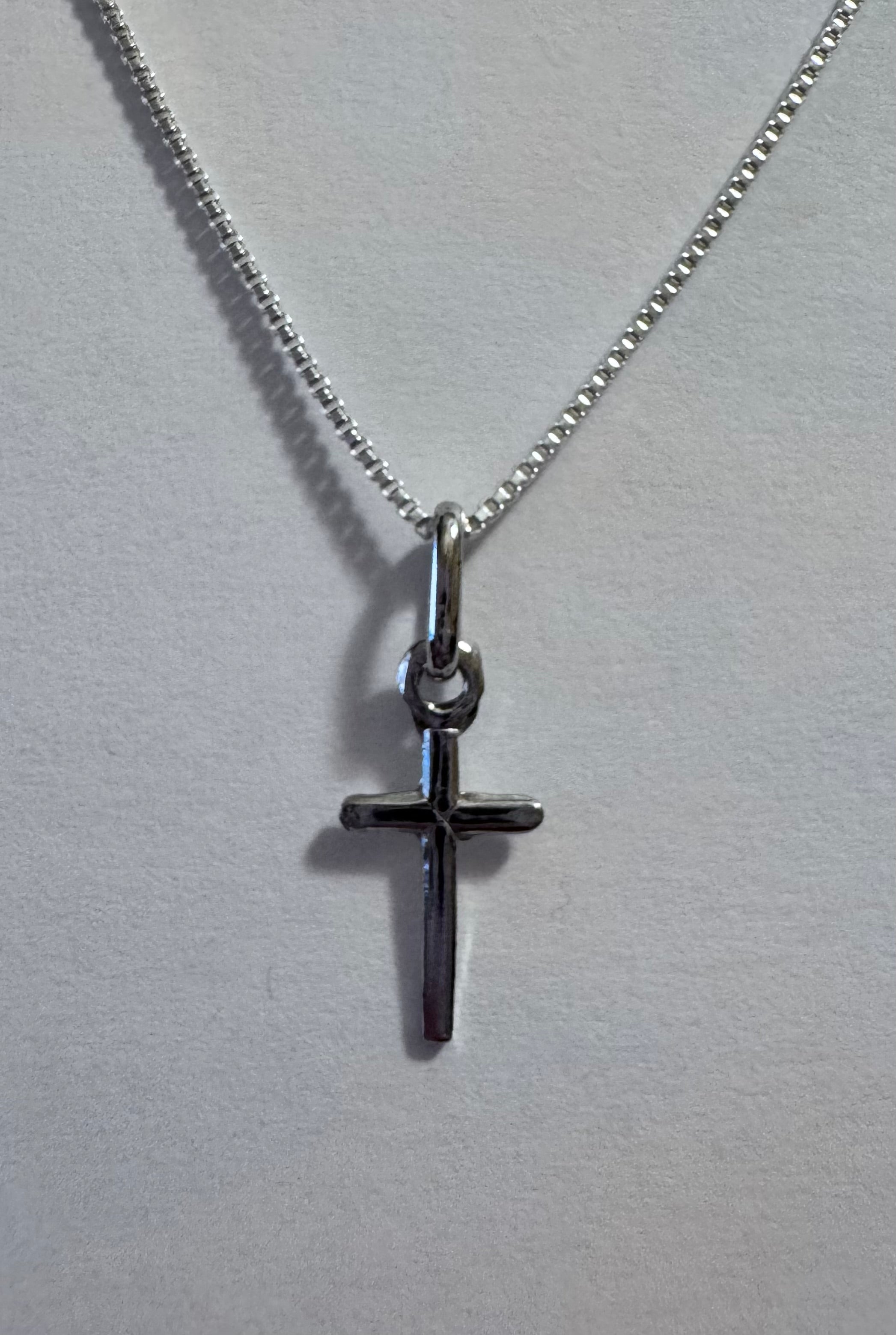 Small Sterling Silver Cross on a 16" or 18" 1mm Sterling Silver Box Chain with Spring Ring Clasp