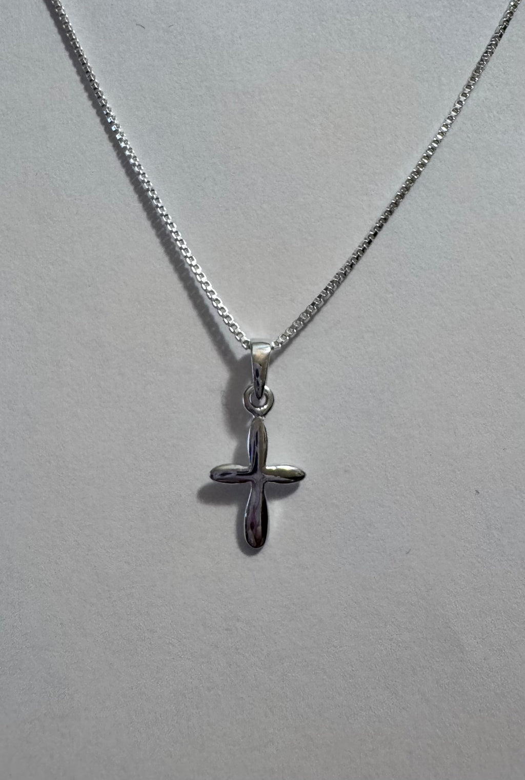 Small Sterling Silver Cross with Nice Bail on a 16" or 18" 1mm Sterling Silver Box Chain with Spring Ring Clasp