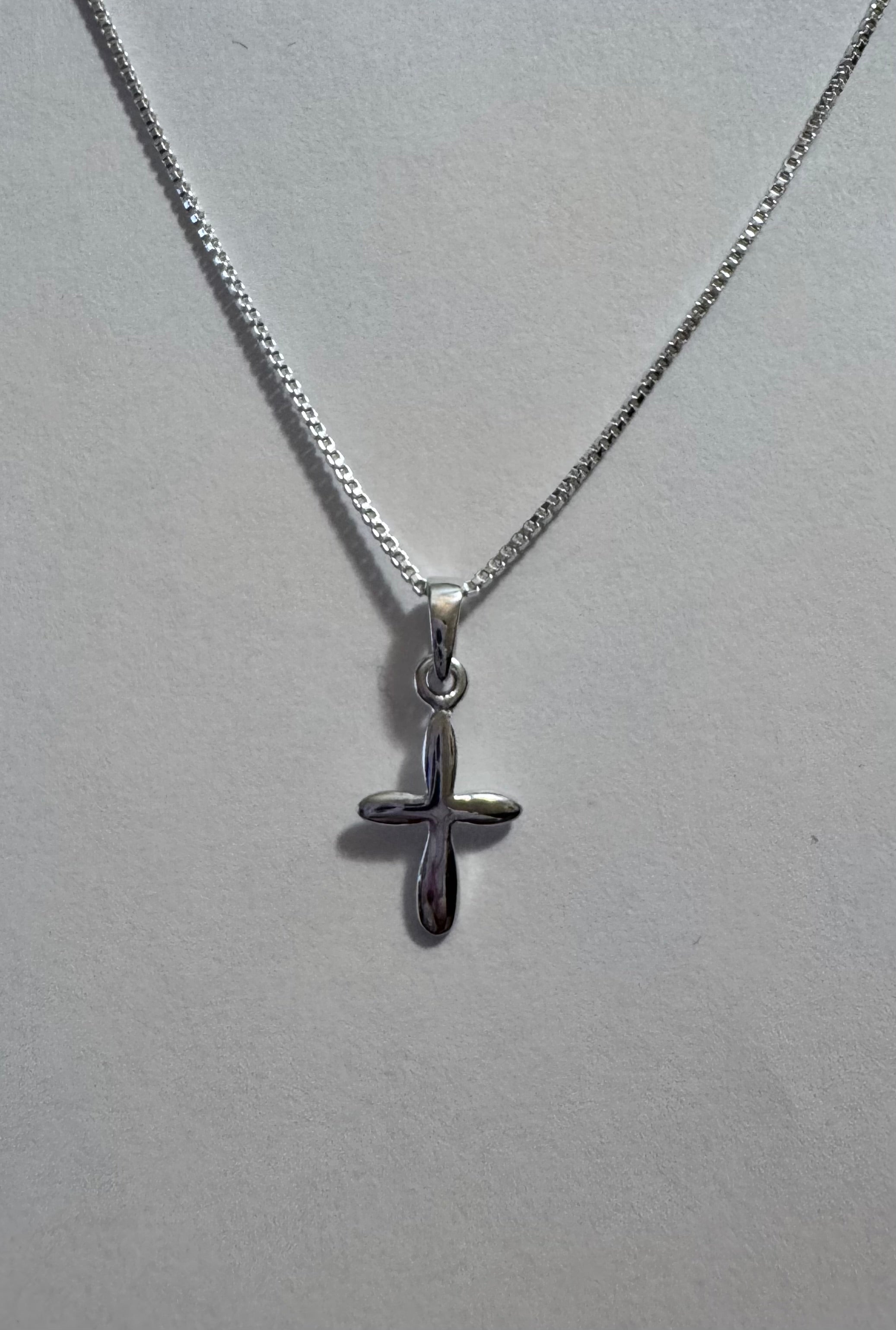 Small Sterling Silver Cross with Nice Bail on a 16" or 18" 1mm Sterling Silver Box Chain with Spring Ring Clasp
