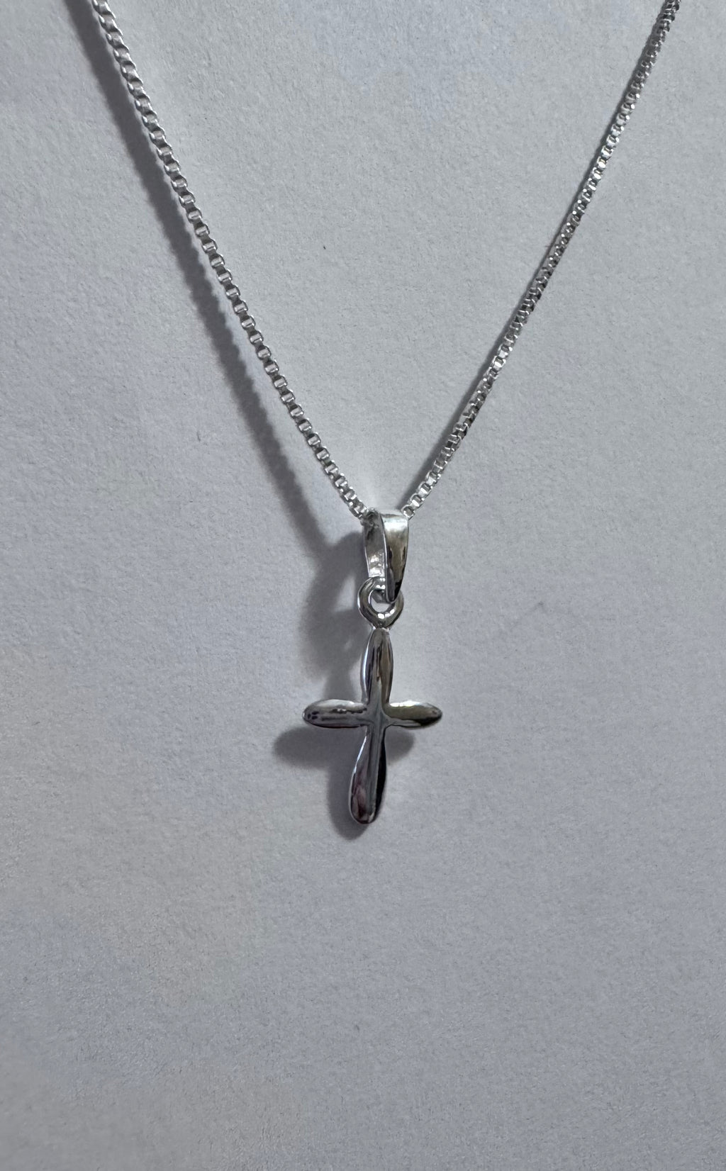 Small Sterling Silver Cross with Nice Bail on a 16" or 18" 1mm Sterling Silver Box Chain with Spring Ring Clasp
