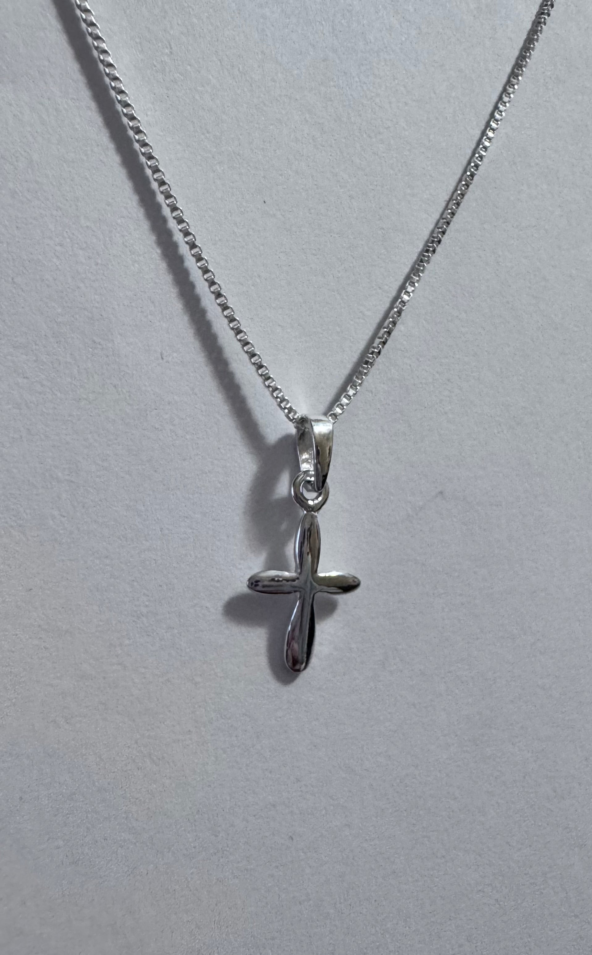 Small Sterling Silver Cross with Nice Bail on a 16" or 18" 1mm Sterling Silver Box Chain with Spring Ring Clasp