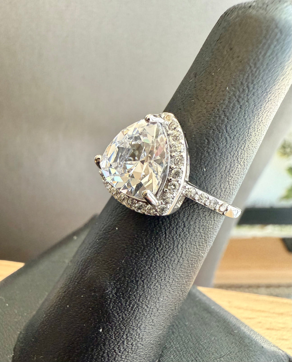 Sterling Silver Trillion Curved Halo CZ Ring