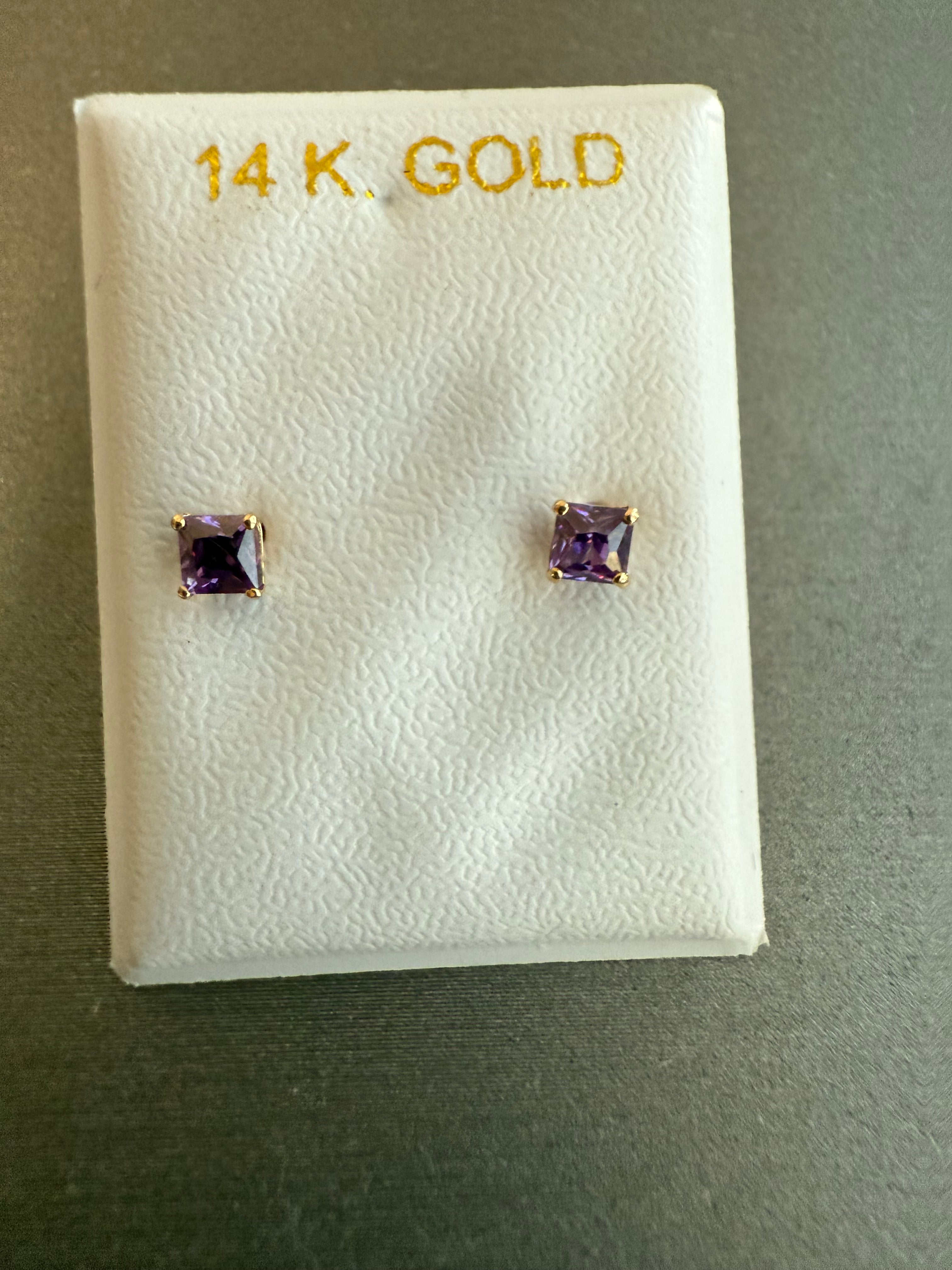 14k Yellow Gold Emerald Cut 3mm CZ Post Earrings in Sapphire, Amethyst, Ruby, or Emerald