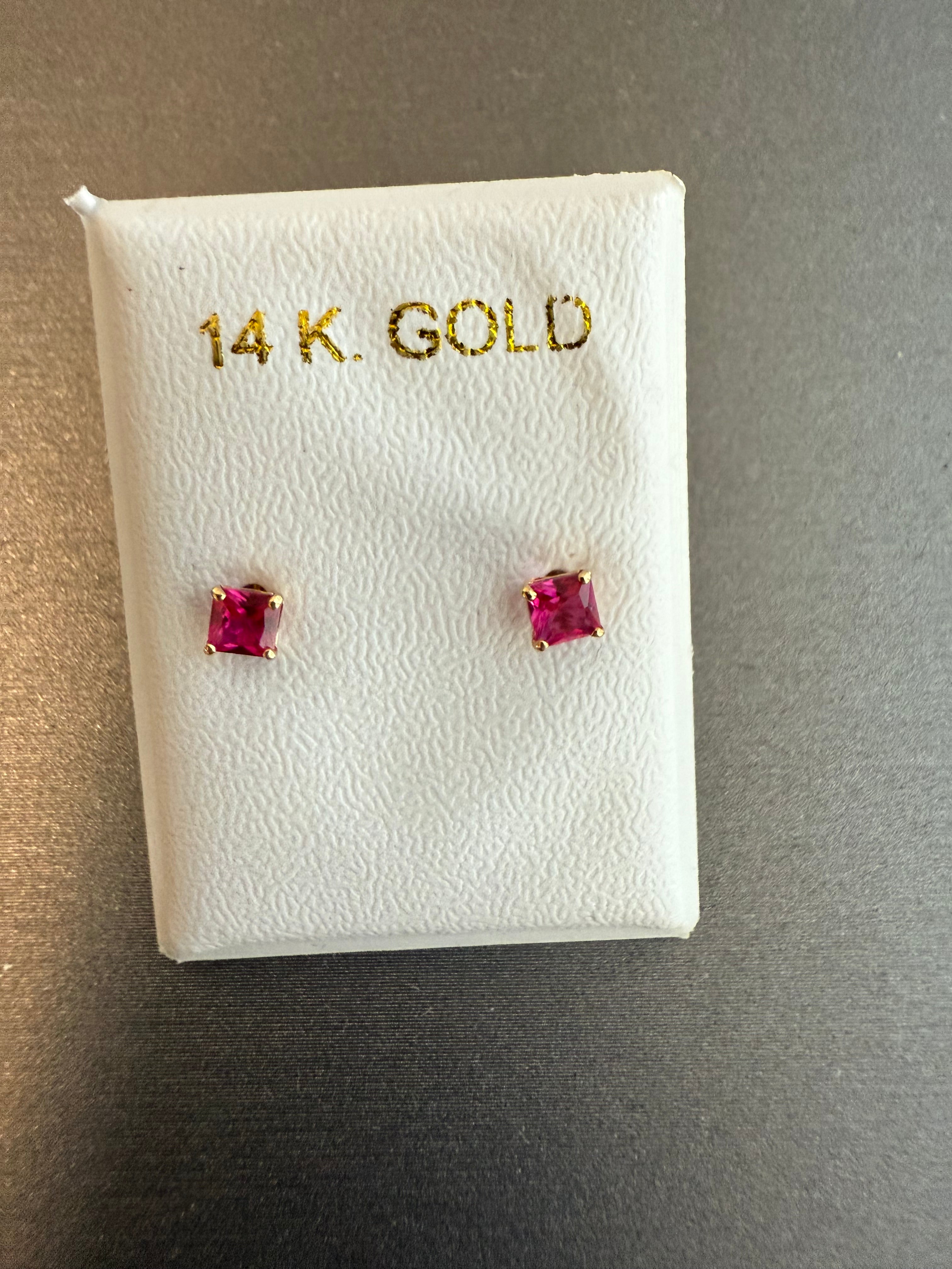 14k Yellow Gold Emerald Cut 3mm CZ Post Earrings in Sapphire, Amethyst, Ruby, or Emerald