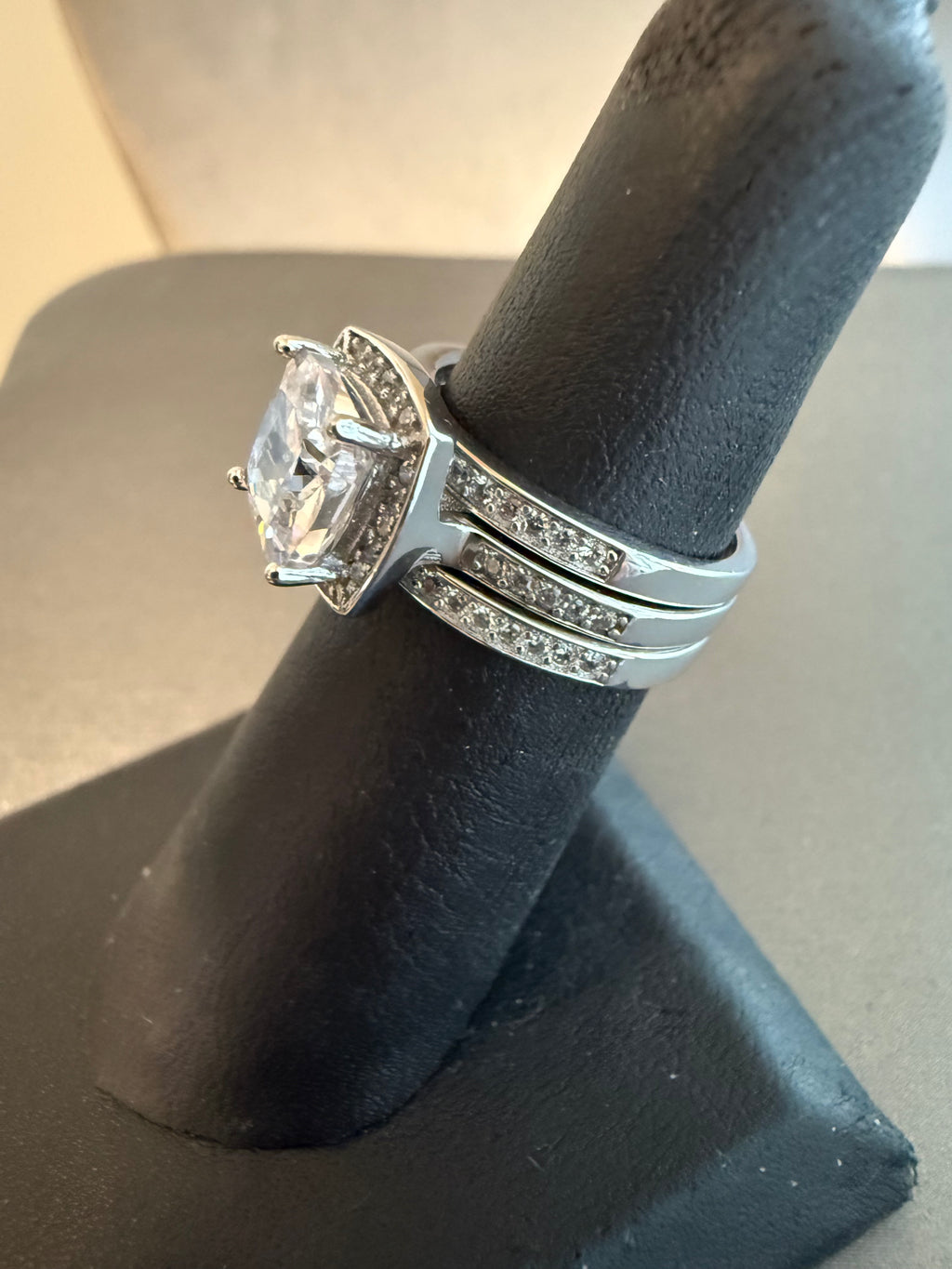 1 Carat Center Cushion Cut Square Halo CZ 3 Band Sterling Silver Wedding Set