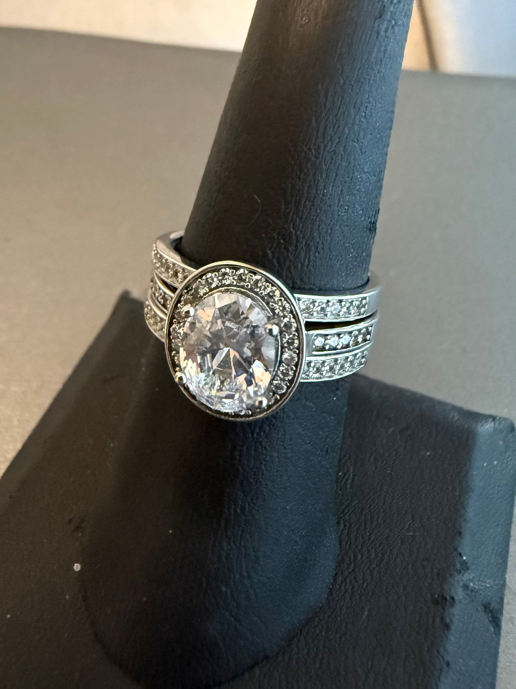 1 Carat Center Cushion Cut Oval Halo CZ 3 Band Sterling Silver Wedding Set