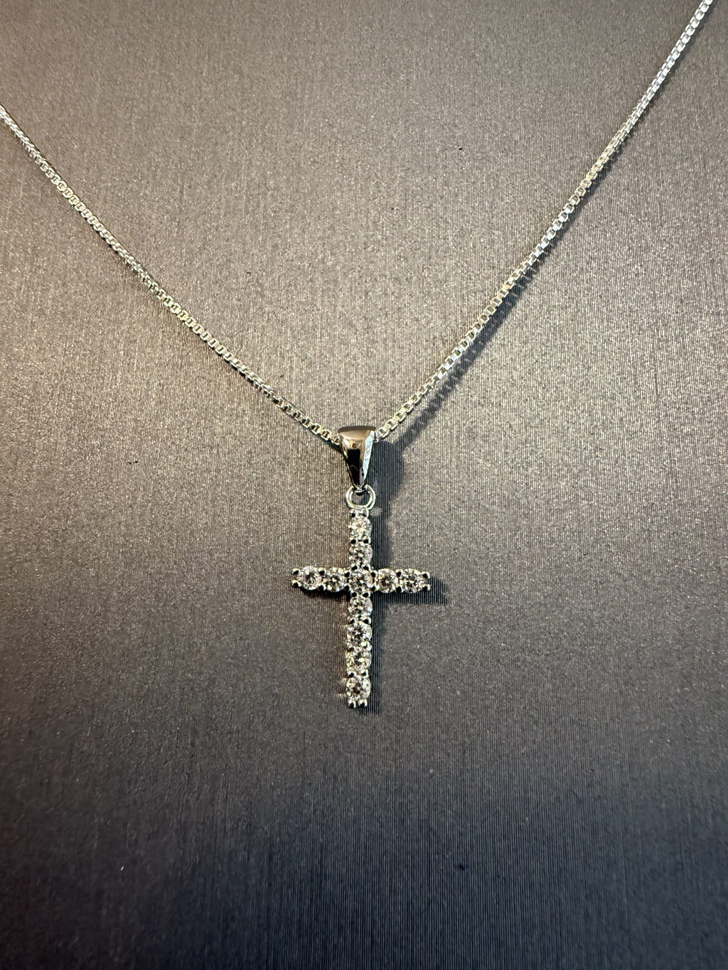 Small CZ Cross on a 16" or 18" 1mm Sterling Silver Box Chain with Spring Ring Clasp