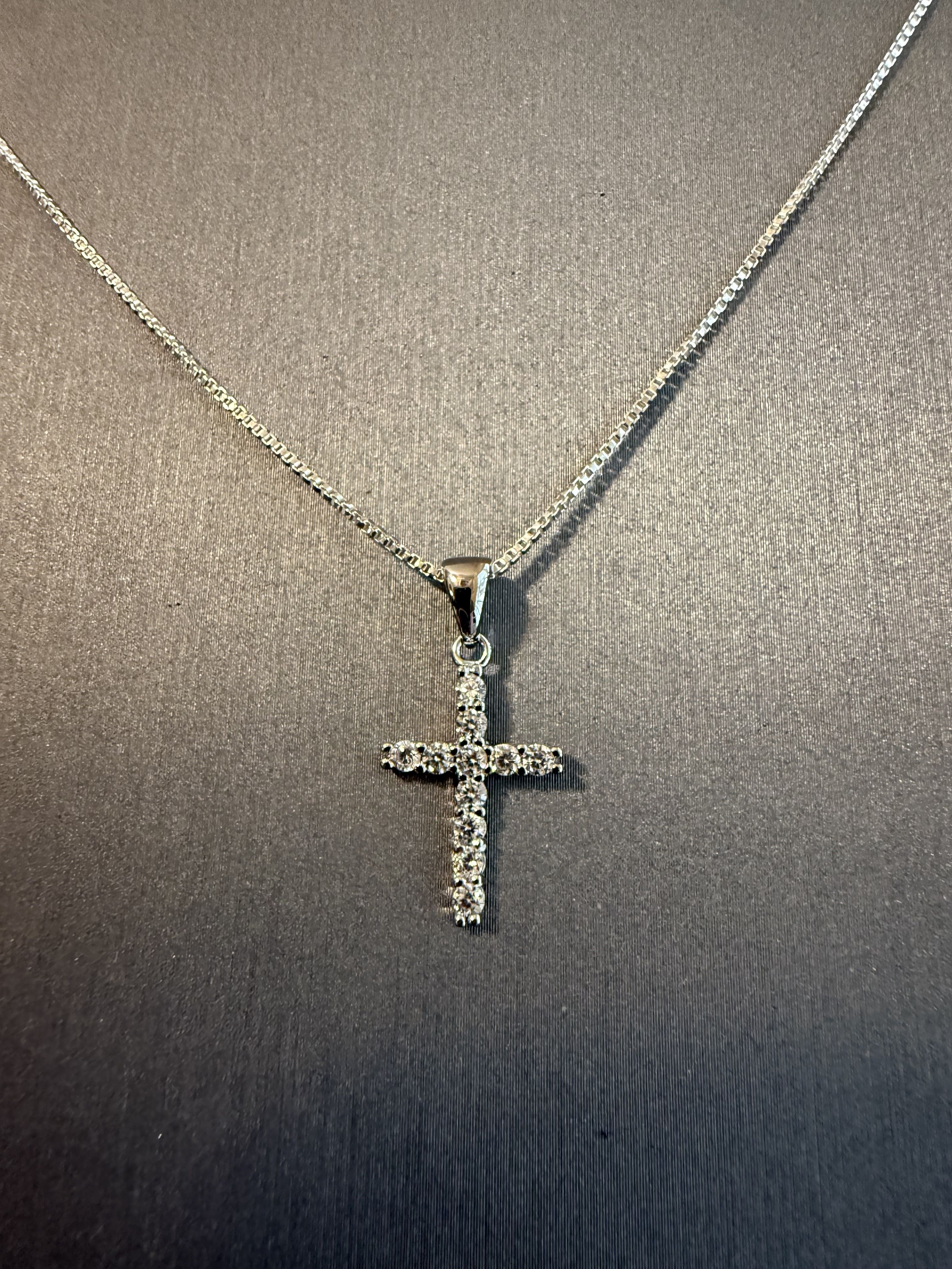 Small CZ Cross on a 16" or 18" 1mm Sterling Silver Box Chain with Spring Ring Clasp