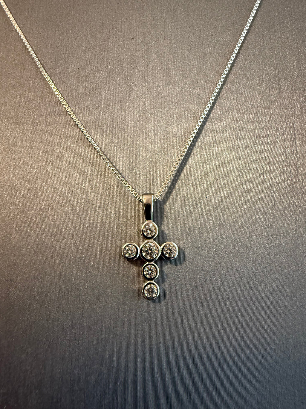 CZ Bezel Cross on a 16" or 18" 1mm Sterling Silver Box Chain with Spring Ring Clasp