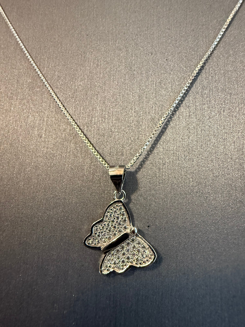 CZ Butterfly on a 16" or 18" 1mm Sterling Silver Box Chain with Spring Ring Clasp