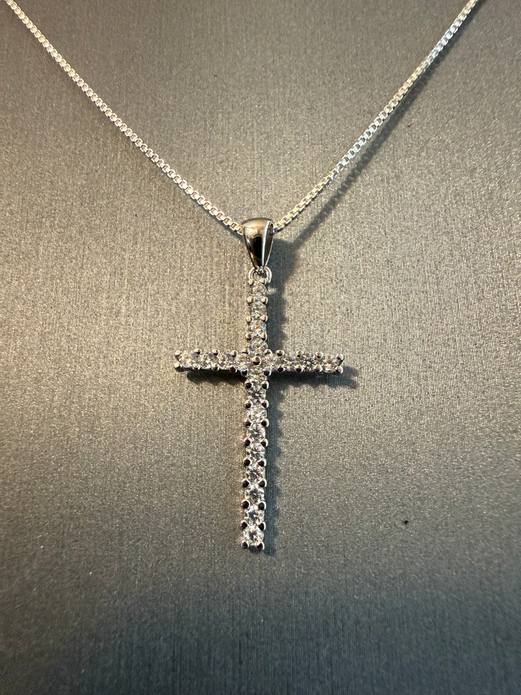 CZ Cross on a 16" or 18" 1mm Sterling Silver Box Chain with Spring Ring Clasp