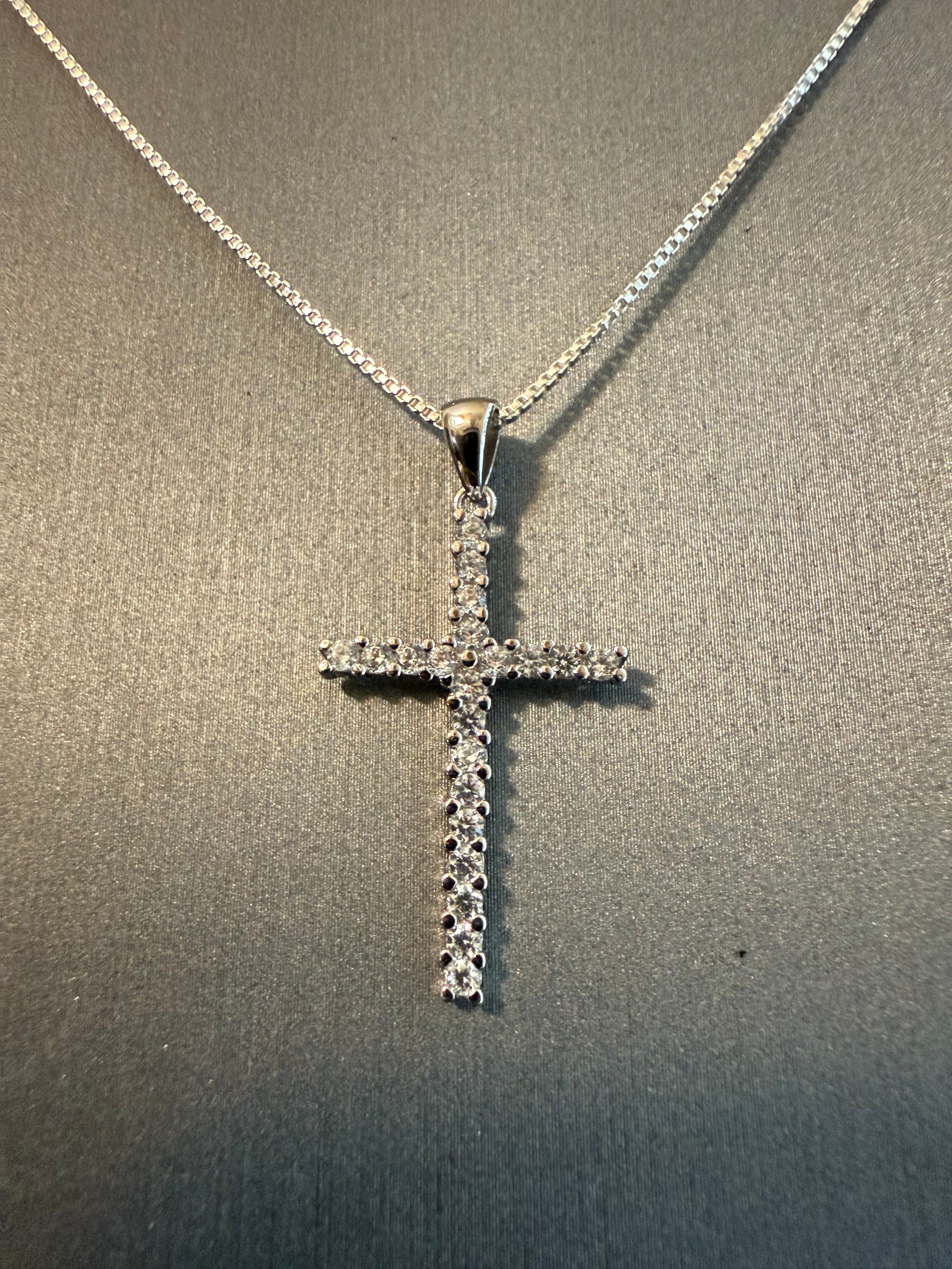 CZ Cross on a 16" or 18" 1mm Sterling Silver Box Chain with Spring Ring Clasp