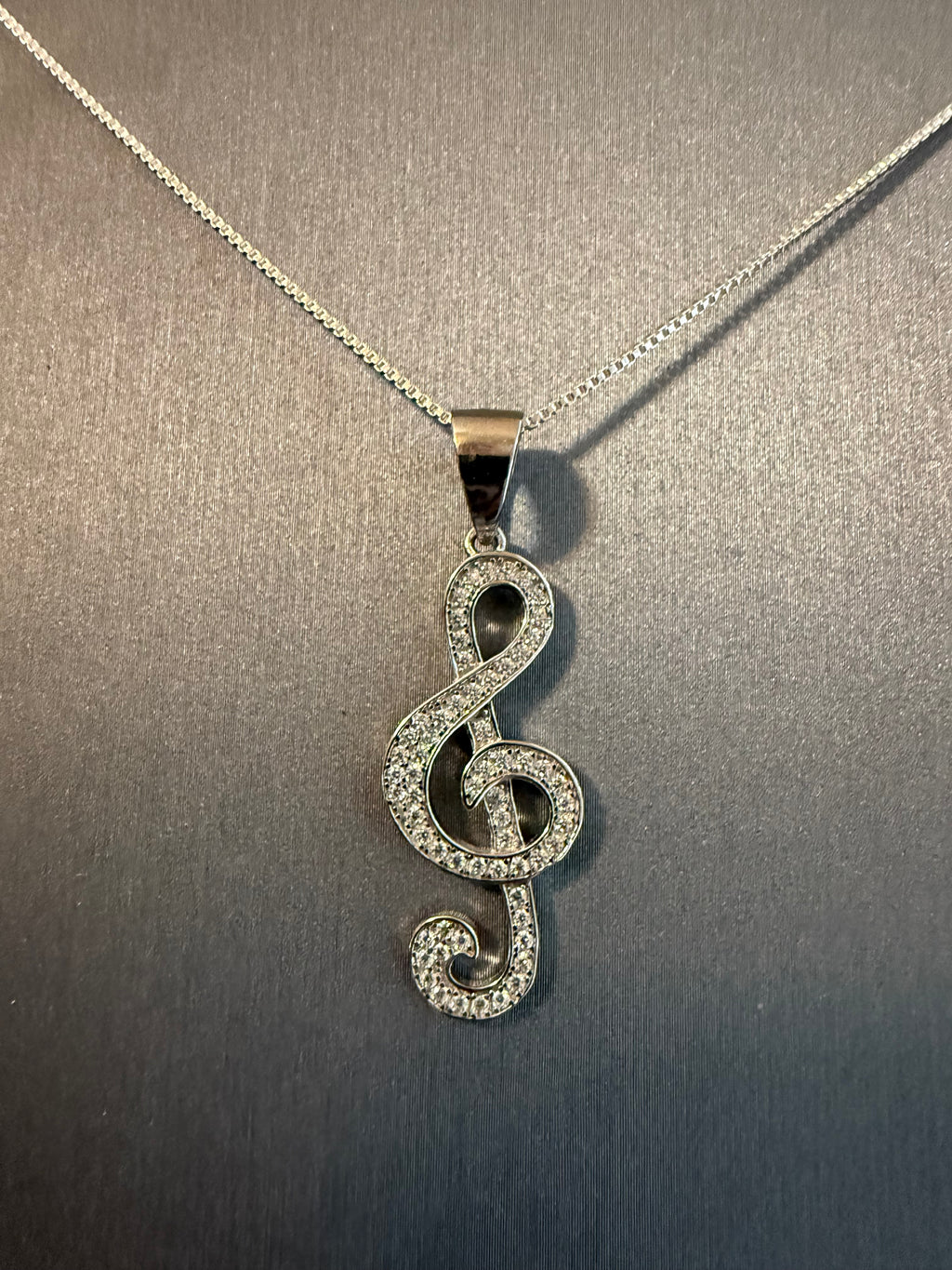 CZ Treble Clef on a 16" or 18" 1mm Sterling Silver Box Chain with Spring Ring Clasp