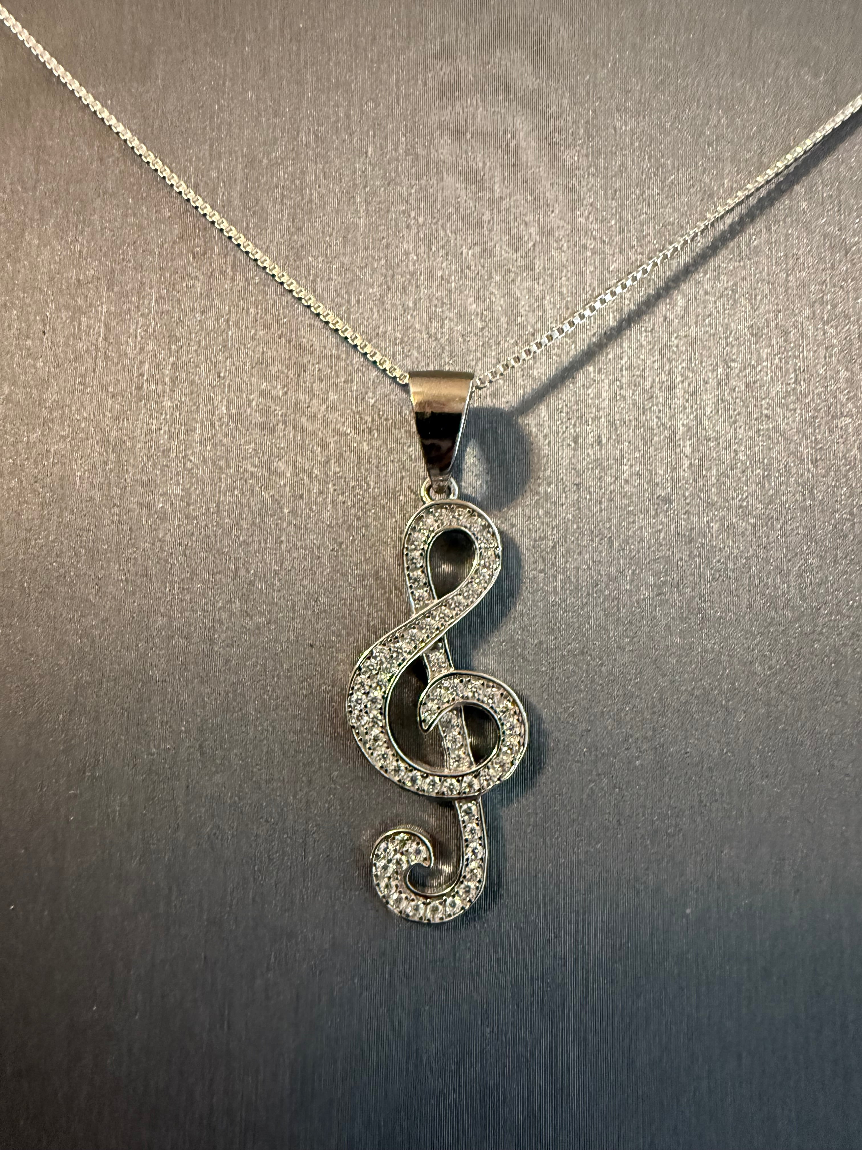 CZ Treble Clef on a 16" or 18" 1mm Sterling Silver Box Chain with Spring Ring Clasp