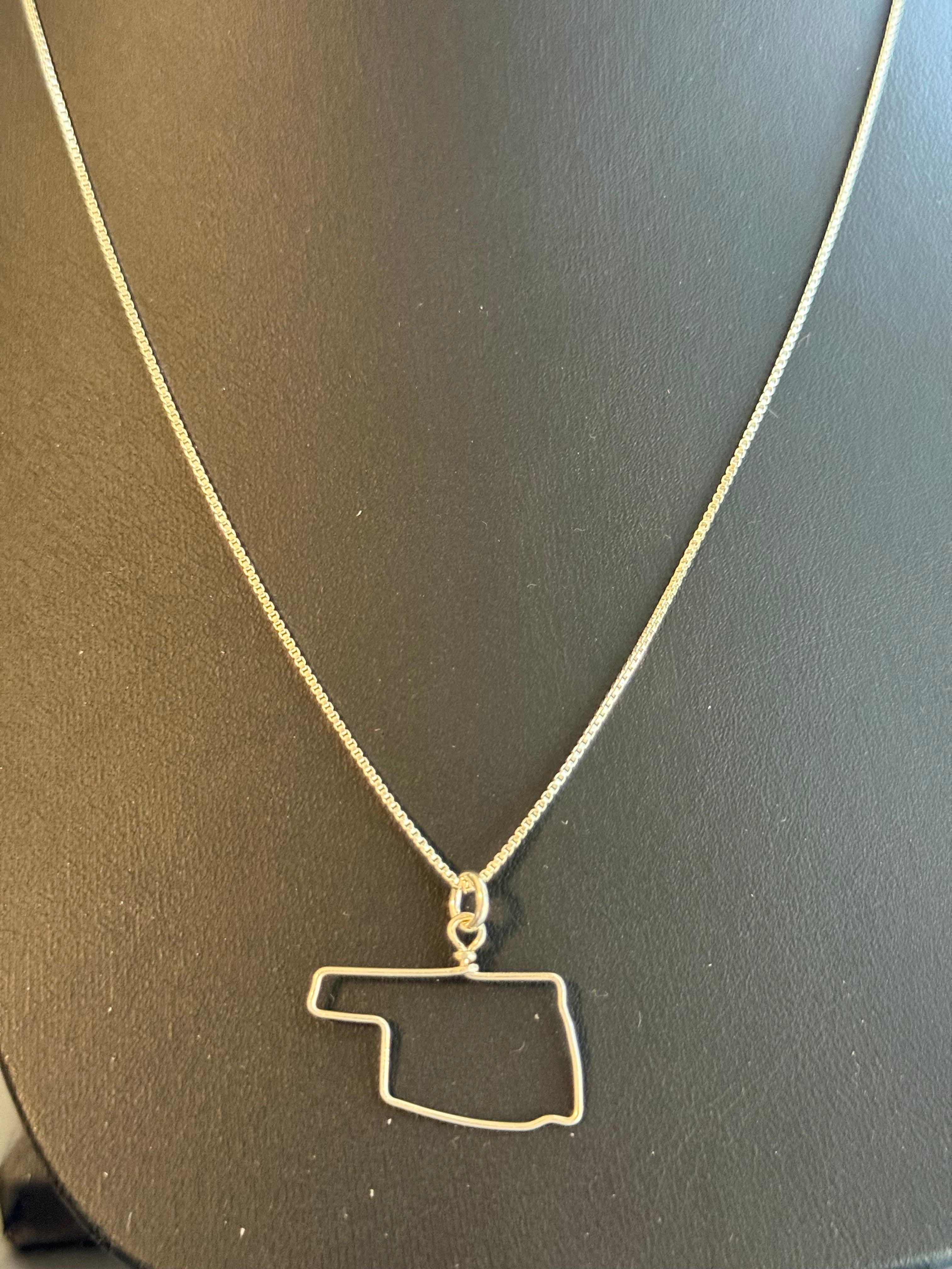 .75-inch Sterling Silver Oklahoma Outline Pendant on 18-inch Sterling Silver 1mm Box Chain