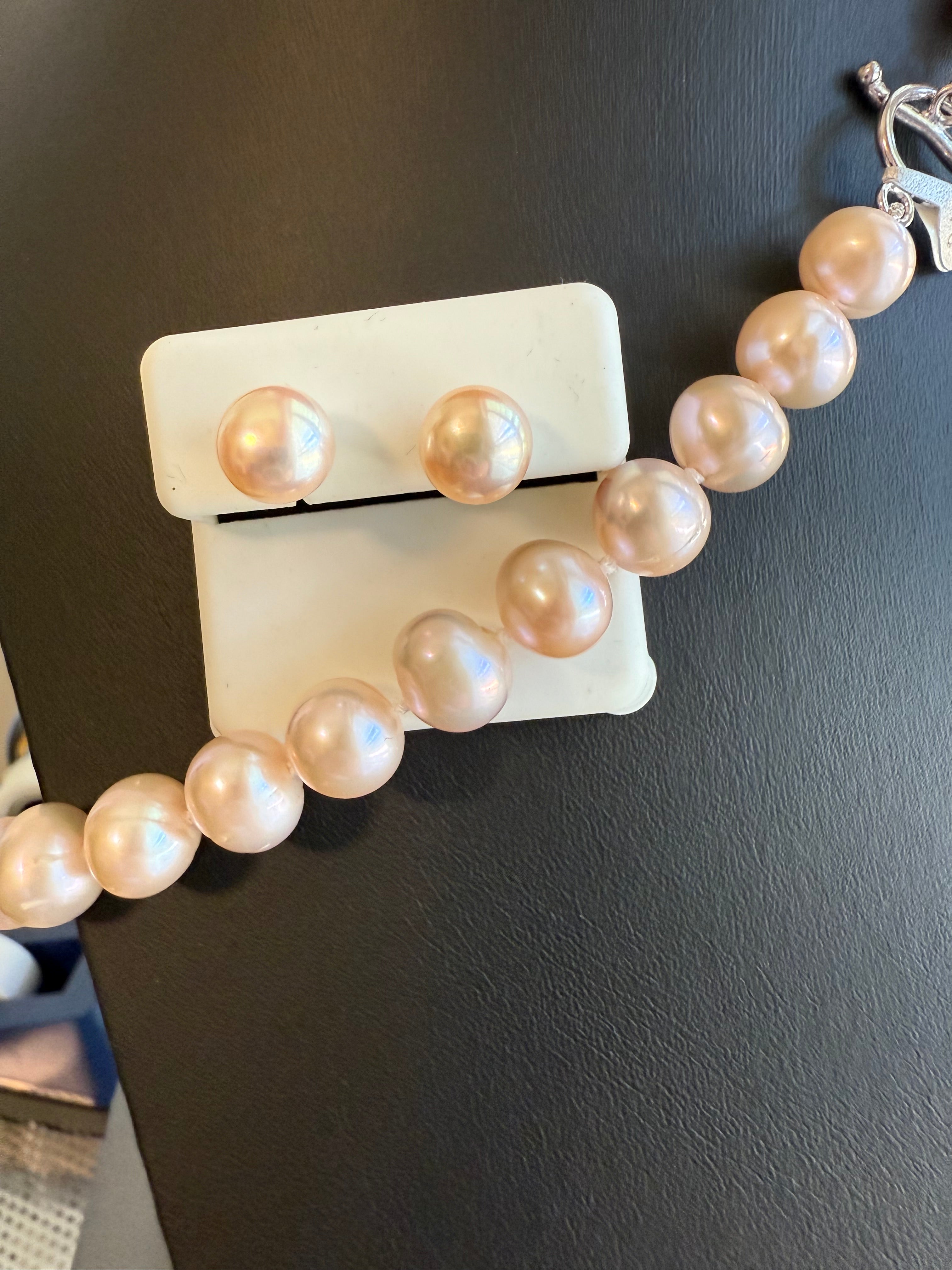 9mm Pink Cultured Pearl Necklace and 7mm Pink Pearl Stud Earrings Set