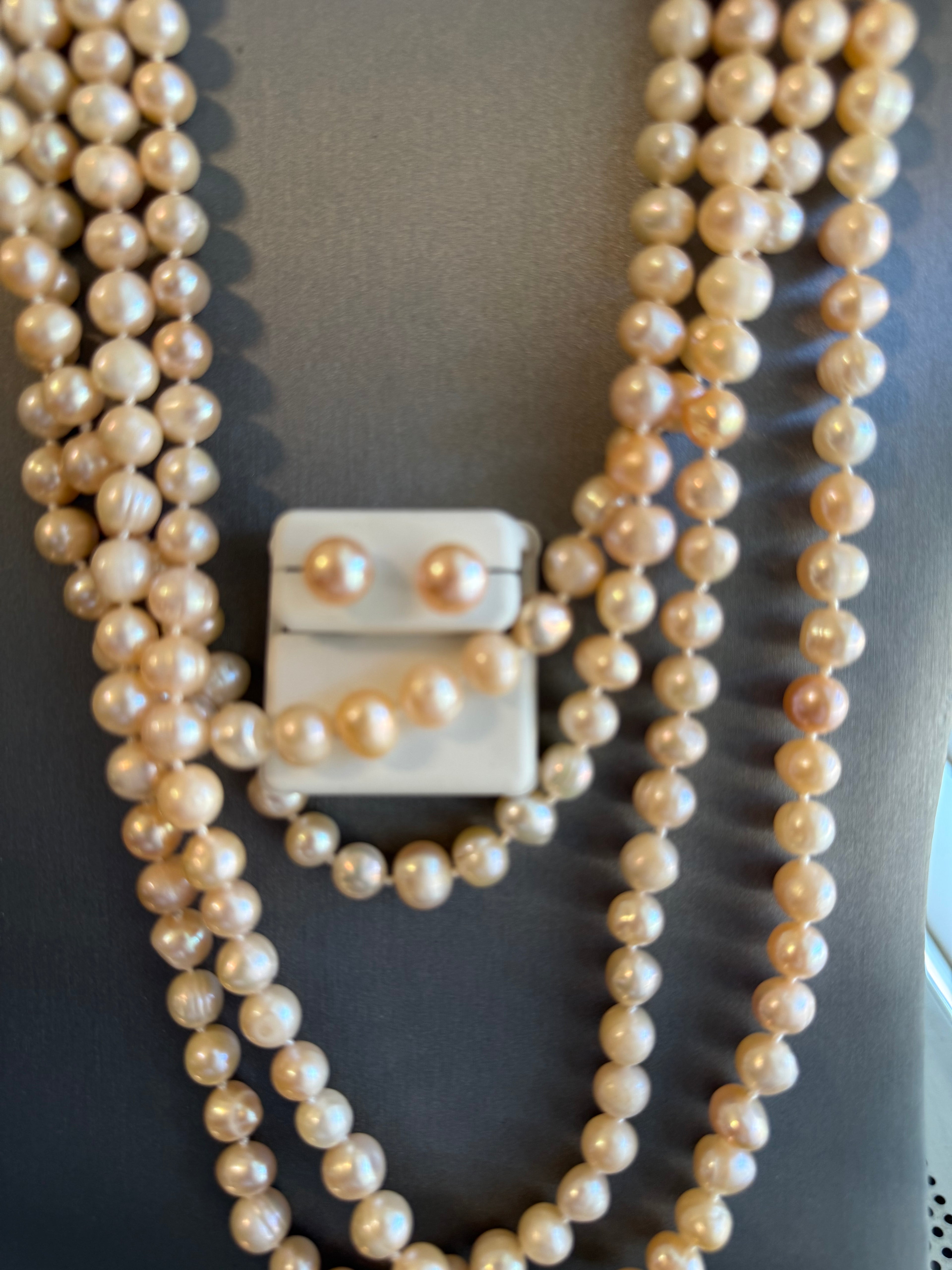 48" Single Strand 7mm Blush Cultured Freshwater Pearl Necklace and Button Pearl Earrings Set