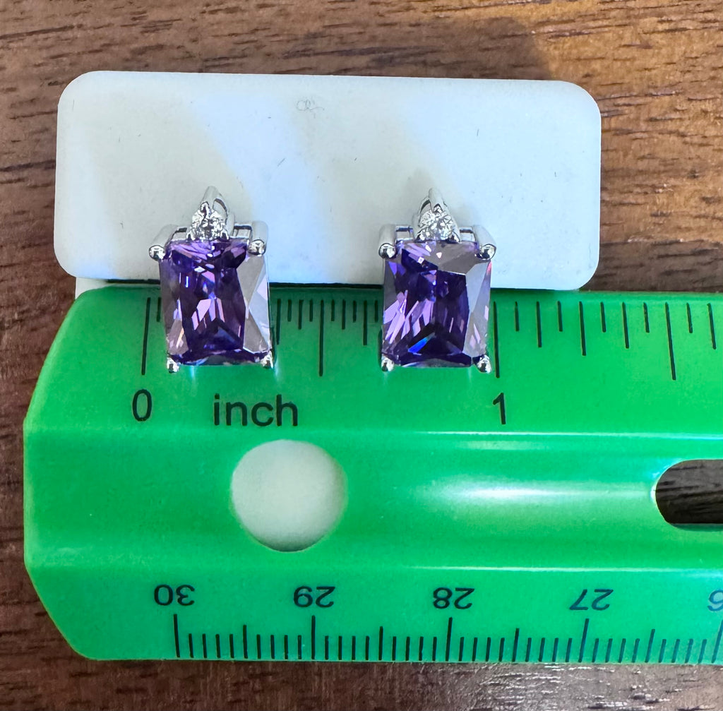 Sterling Silver Rectangular Purple CZ Earrings