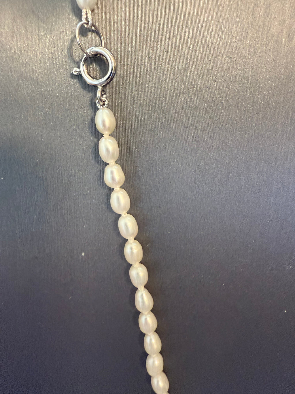 4mm White Rice Pearl and Sterling Silver Necklace with Sterling Silver Rose Pendant