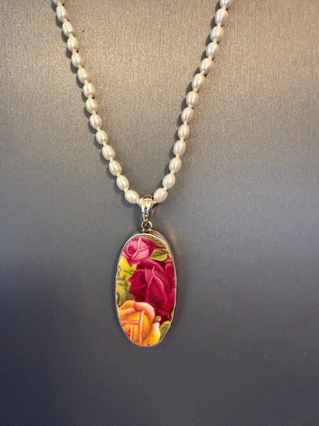 4mm White Rice Pearl Necklace with 2" Floral Glass Oval Pendant in a .925 Sterling Silver Bezel