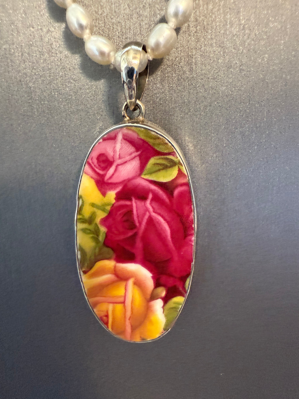 4mm White Rice Pearl Necklace with 2" Floral Glass Oval Pendant in a .925 Sterling Silver Bezel