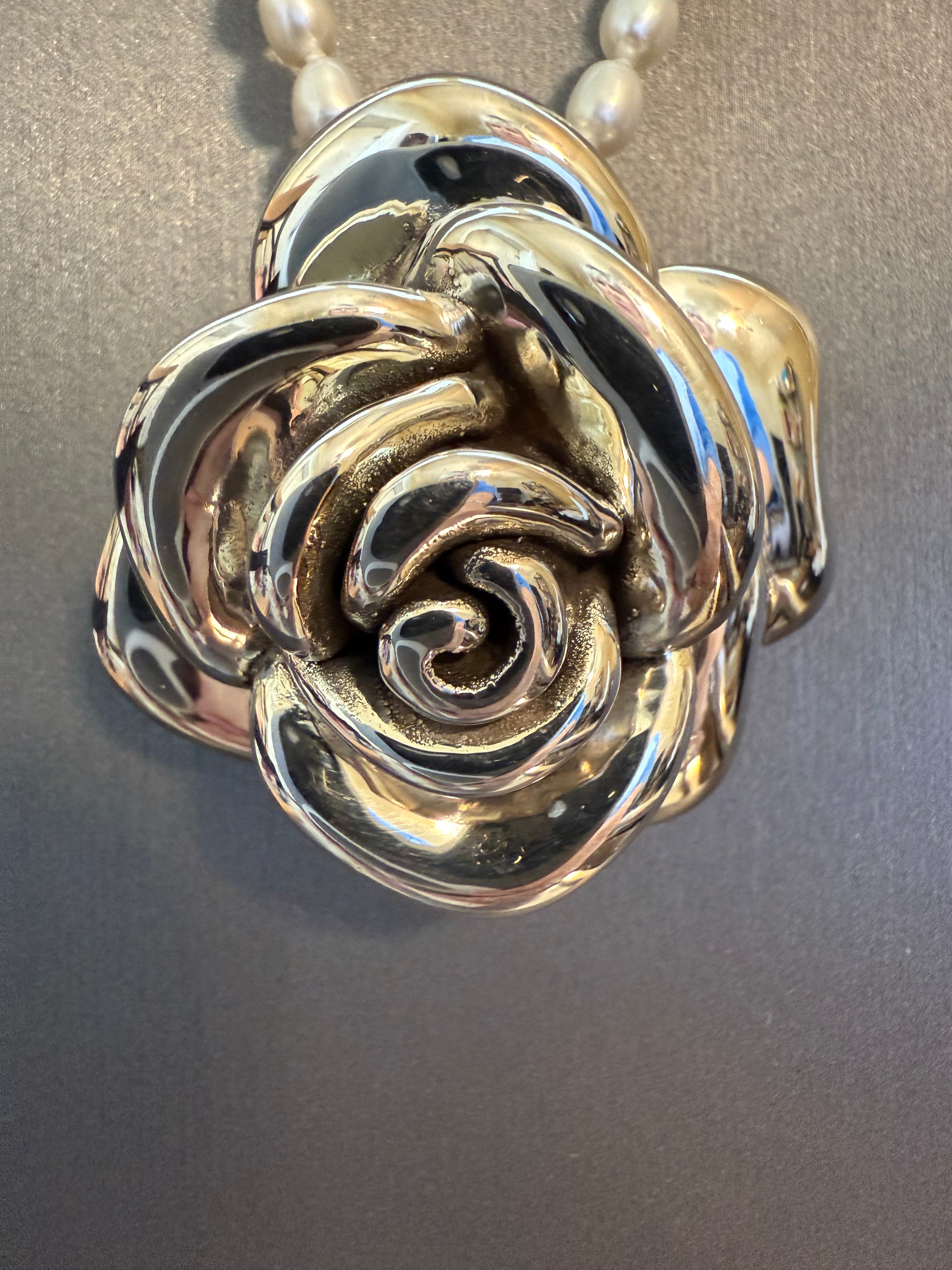 4mm White Rice Pearl and Sterling Silver Necklace with Sterling Silver Rose Pendant