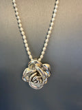 4mm White Rice Pearl and Sterling Silver Necklace with Sterling Silver Rose Pendant
