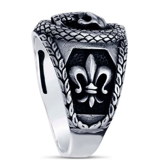 Sterling Silver Skull & Snake Ring with Fleur-de-Lis